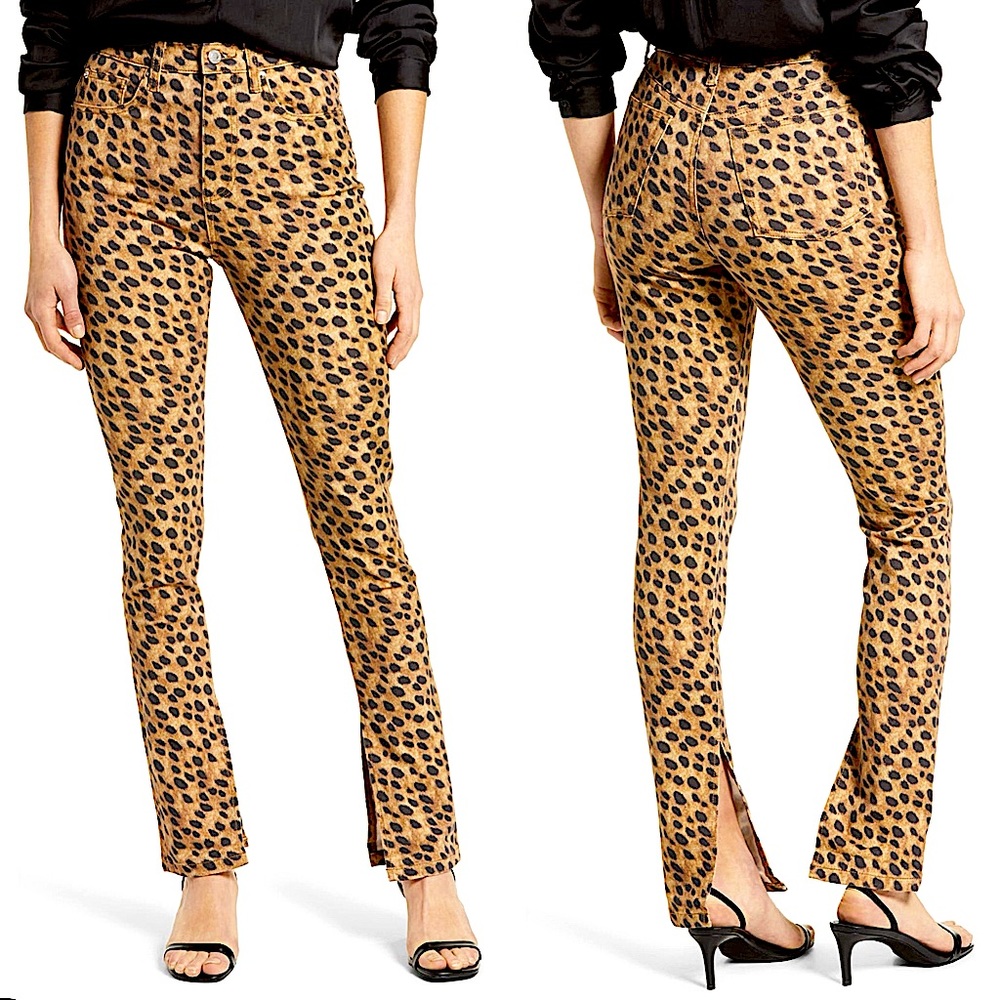 NWT $168 WeWoreWhat High Waist Denim Split Hem Leopard Animal Print Skinny Jeans
